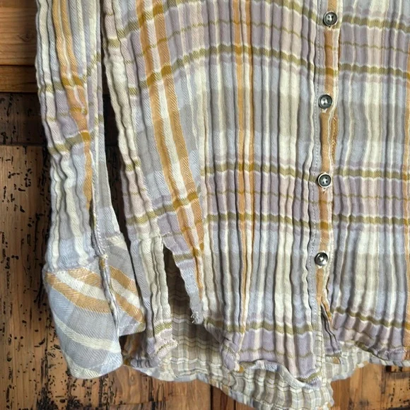 Free People Magical Plaid Button Top Blouse Shirt Yellow Floral Embroidered - Picture 5 of 12